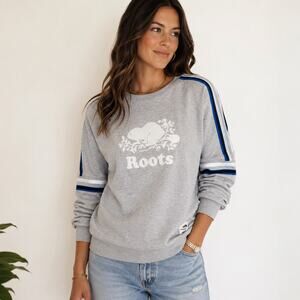 Roots French Terry Athletic Stripe Sleeve Crewneck Sweatshirt Gray Small Unisex